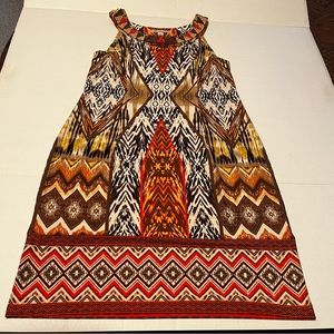 Dress Barn Women SZ 8 Brown Orange Dress Tribal Aztec Sleeveless Beaded Neckline